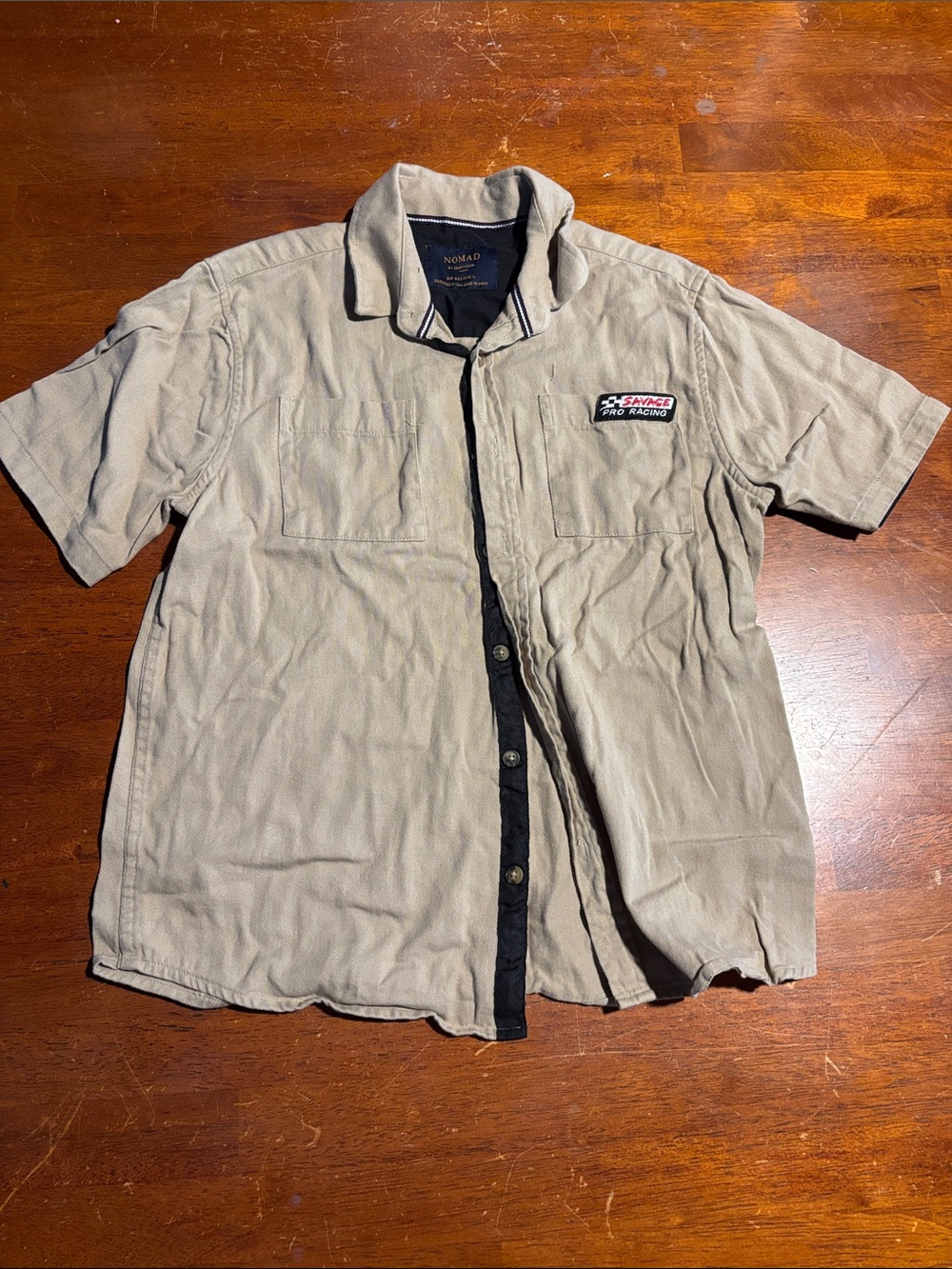 Nomad Short-Sleeve Button-Down Shirt in Light Taupe with Black Trim